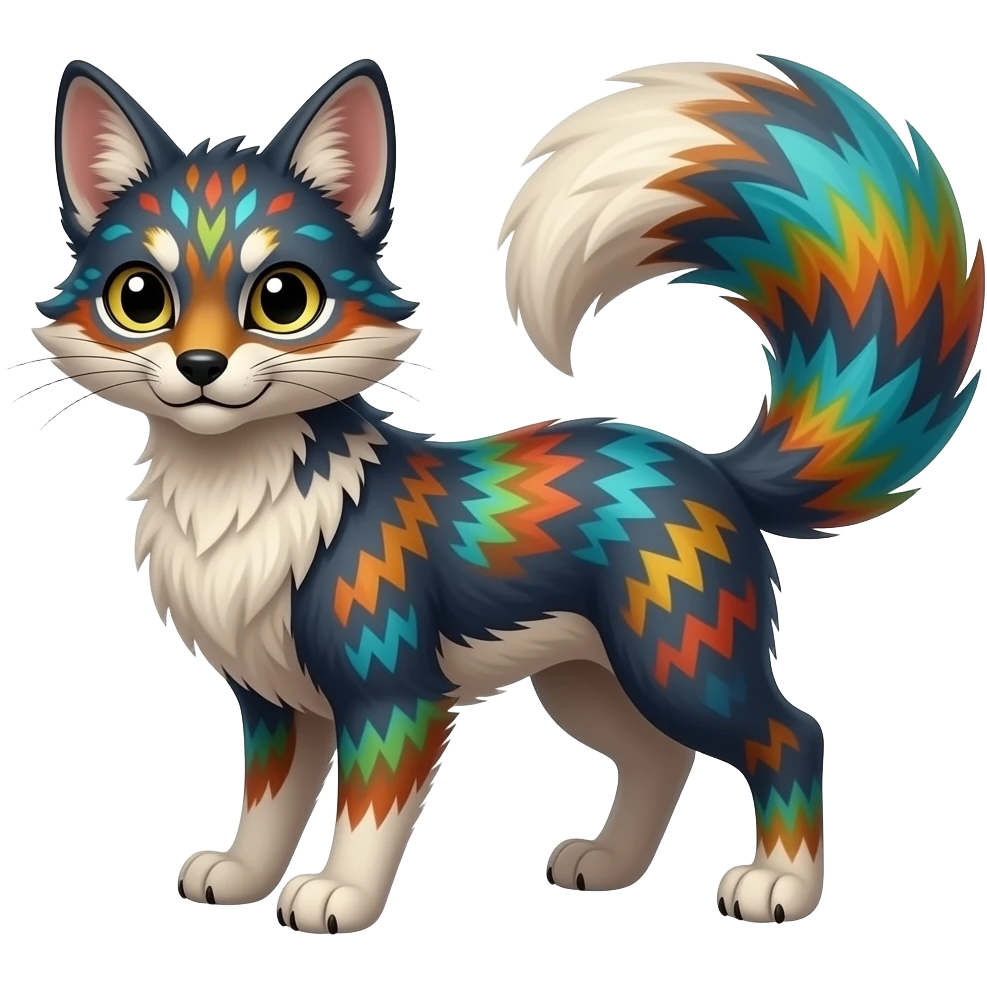 Feral Rare Fantasy vibrant colorful tropical Vernid-Trico-species by LiLaiRa, random markings, tufted tail, tufted ears, full body emoji