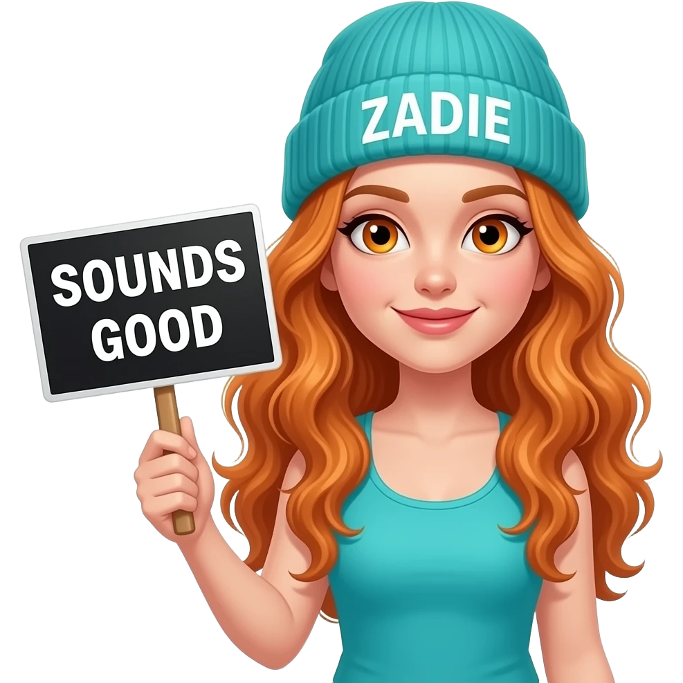 sexy girl with overlong wavy ginger hair and ginger eyes wearing a turquoise tanktop and a turquoise beanie with ZADIE written on it, is holding a black sign with SOUNDS GOOD written on it emoji