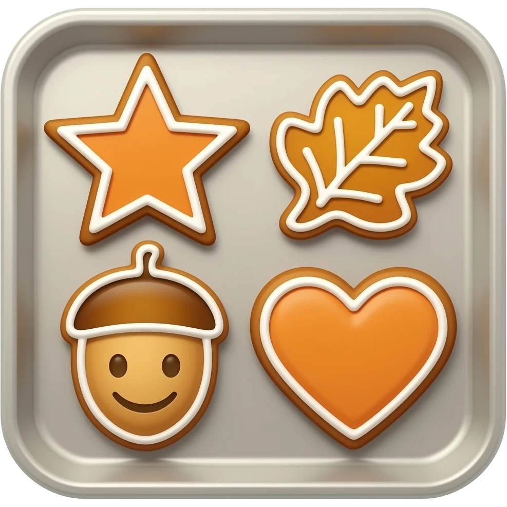 tray with star, pumpkin, leaf, acorn and heart shaped ginger cookies emoji