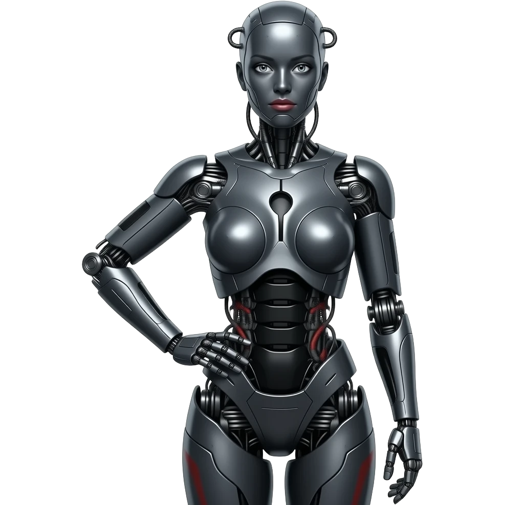 A mechanical woman made of dark gray steel with black and red markings,no human features, only robot features, entire body, sexy pose, robot face (fullbody) emoji