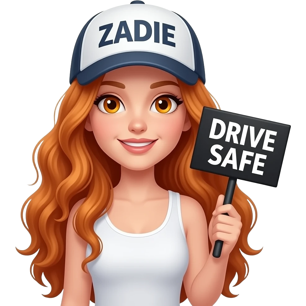 sexy girl with overlong wavy ginger hair and ginger eyes wearing a white tanktop and a cap with ZADIE written on it is holding a black sign with DRIVE SAFE written on it emoji