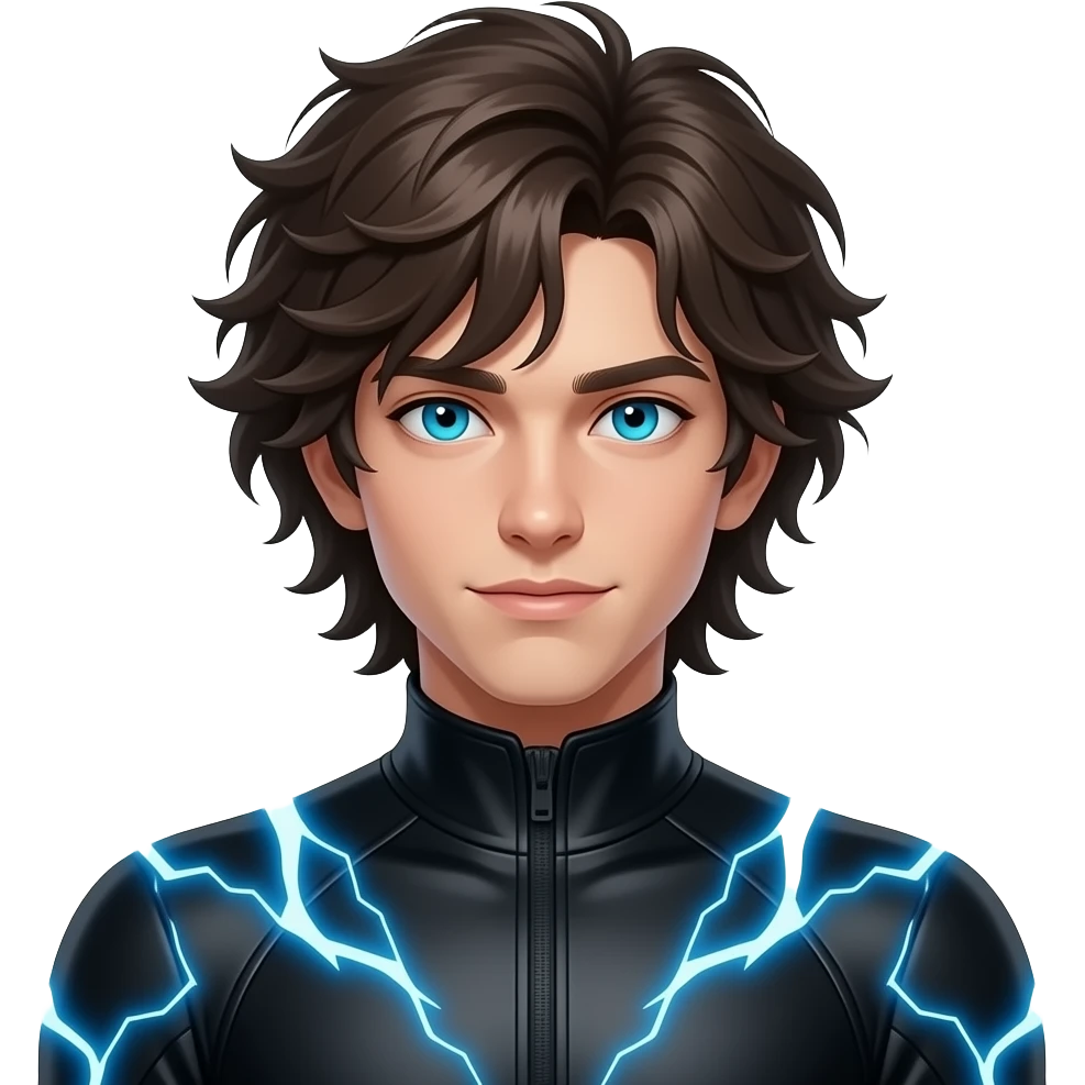 young male with long, messy dark brown hair, glowing cyan blue eyes, wearing a black body suit, with a blue electrical current surrounding him full body emoji with lower half emoji