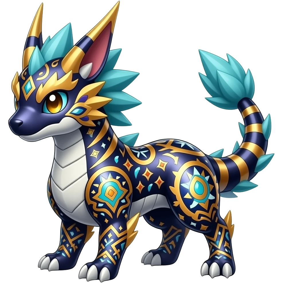 Shiny colorful Oriental painted marked patterned Asian beautiful elegant extravagant extraordinary Litten-Zygarde-Zangoose-fusion emoji