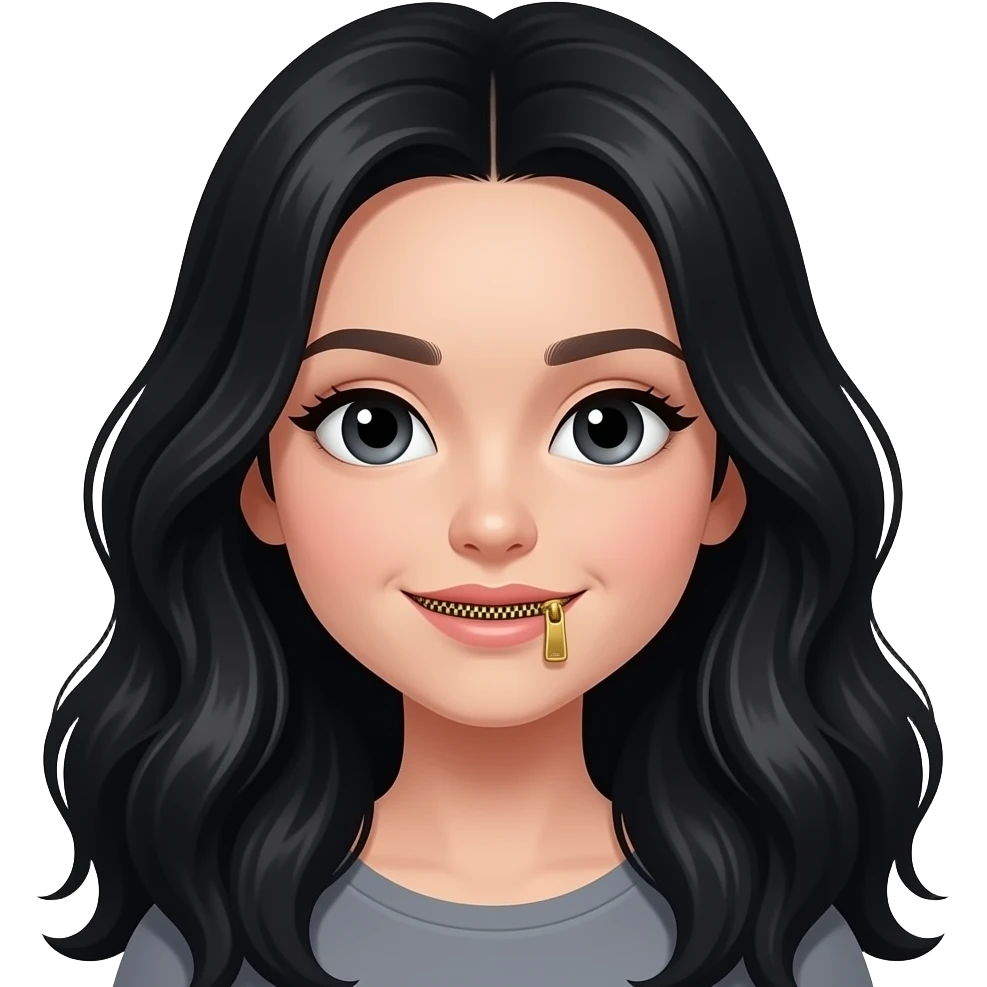 Show this emoji - 🤐zip golden colour.  Girl with long black wavy hair emoji