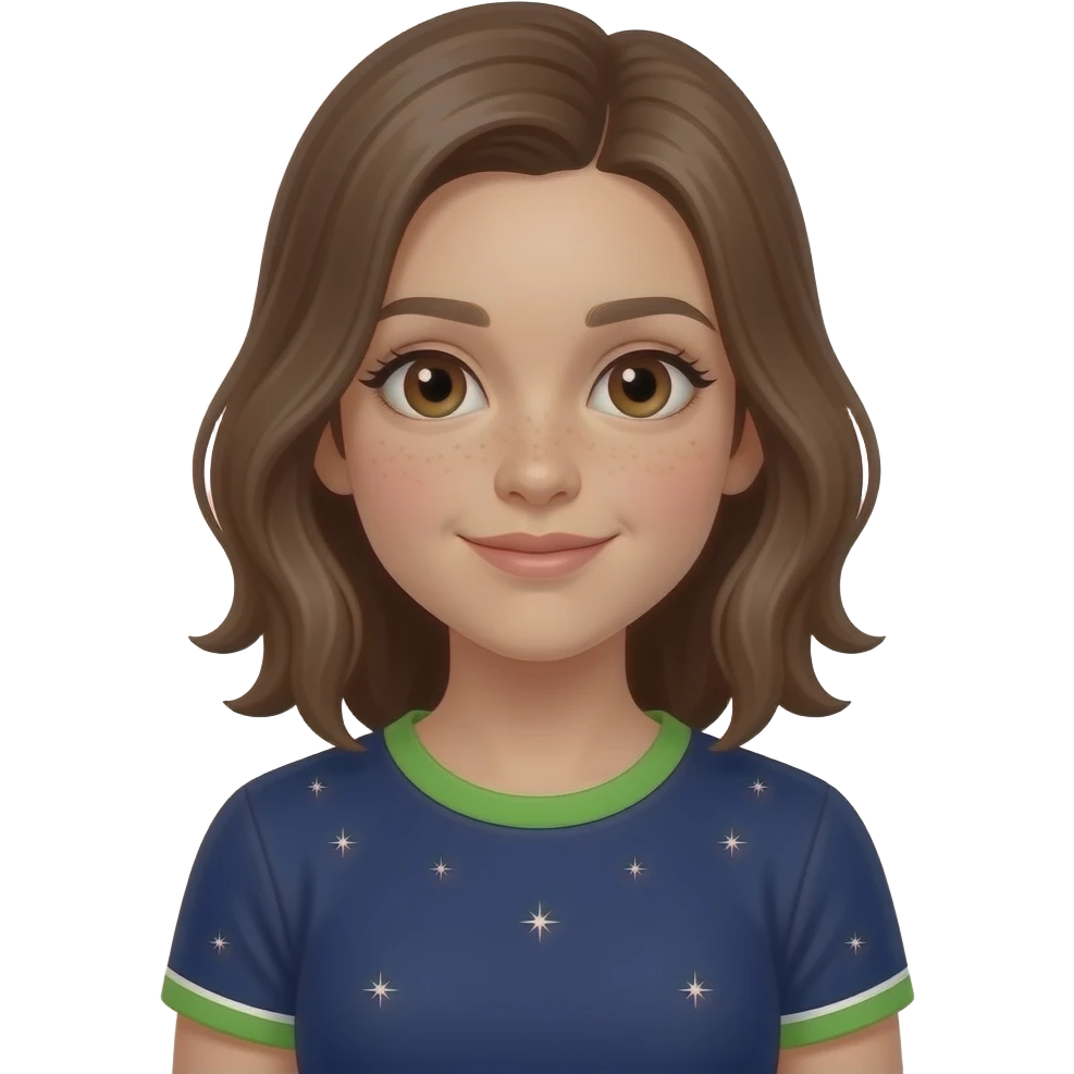 È una femmina   ha gli occhi marroni  ha 12 anni e adora  la ginnastica artistica e la sua maglietta he blu scura un bordino verde e bianco  Ha i capelli castani  pochi glitter argento e aggiungi dei glitter in giro per la maglietta I capelli sono più lungi e ha il viso da 13 enne emoji