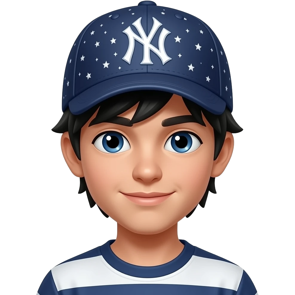 Un joven de aproximadamente 16 años con el pelo negro con una gorra new york con unas chispas emoji
