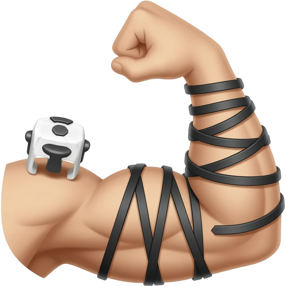 Flexed bicep with black phylacteries with stapes coming out of it, spiral wrapped around the arm with the black phylacteries cube on the top of the bicep💪➰⬛️ emoji