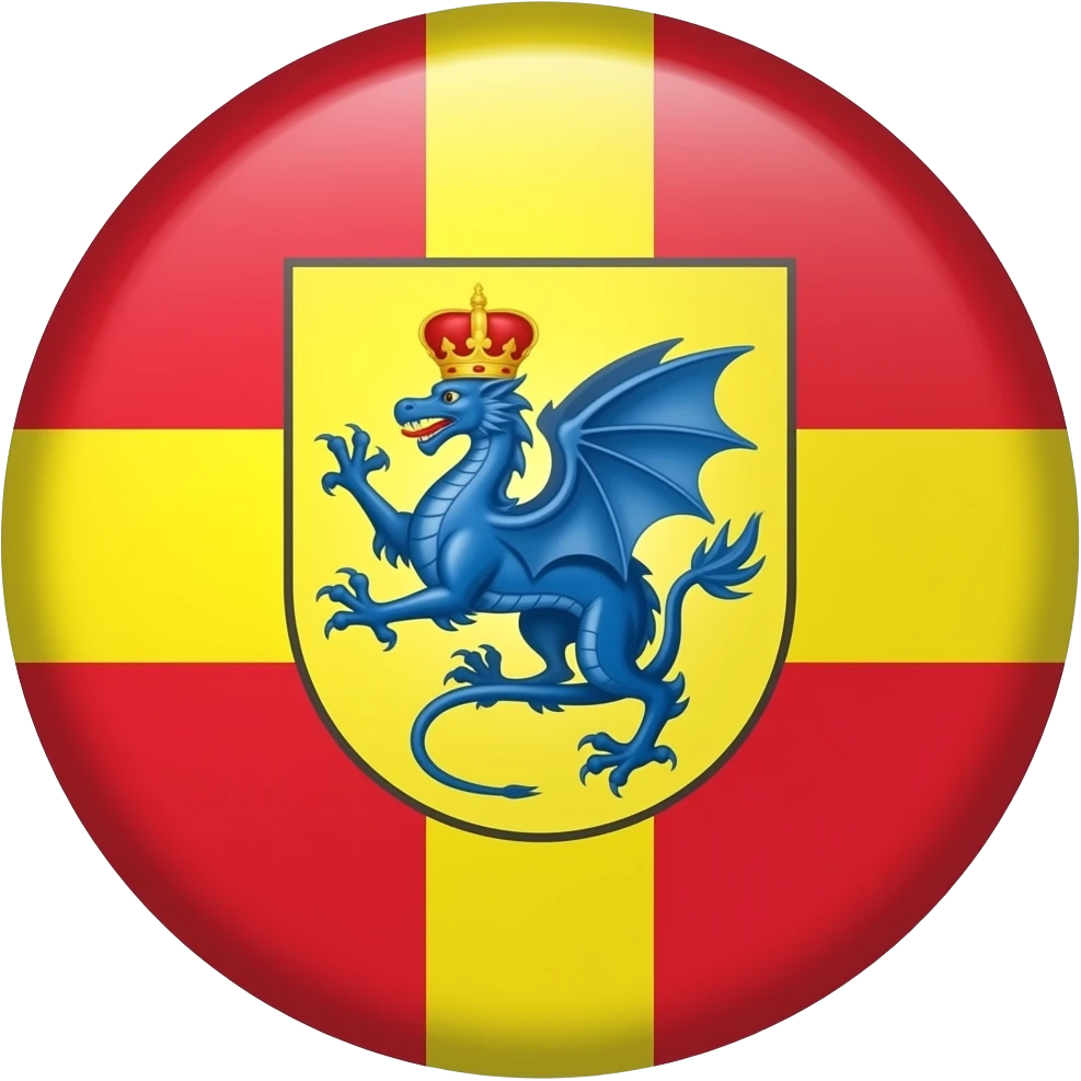 Emoji of Jacobland flag Nordic cross yellow red background where cross meets add shield yellow same color as cross and inside blue dragon red crown on top noto color emoji emoji