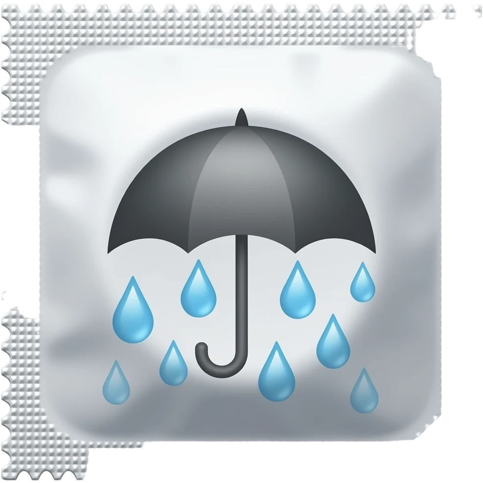 Rain drops over an umbrella emoji but on a condom wrapper emoji