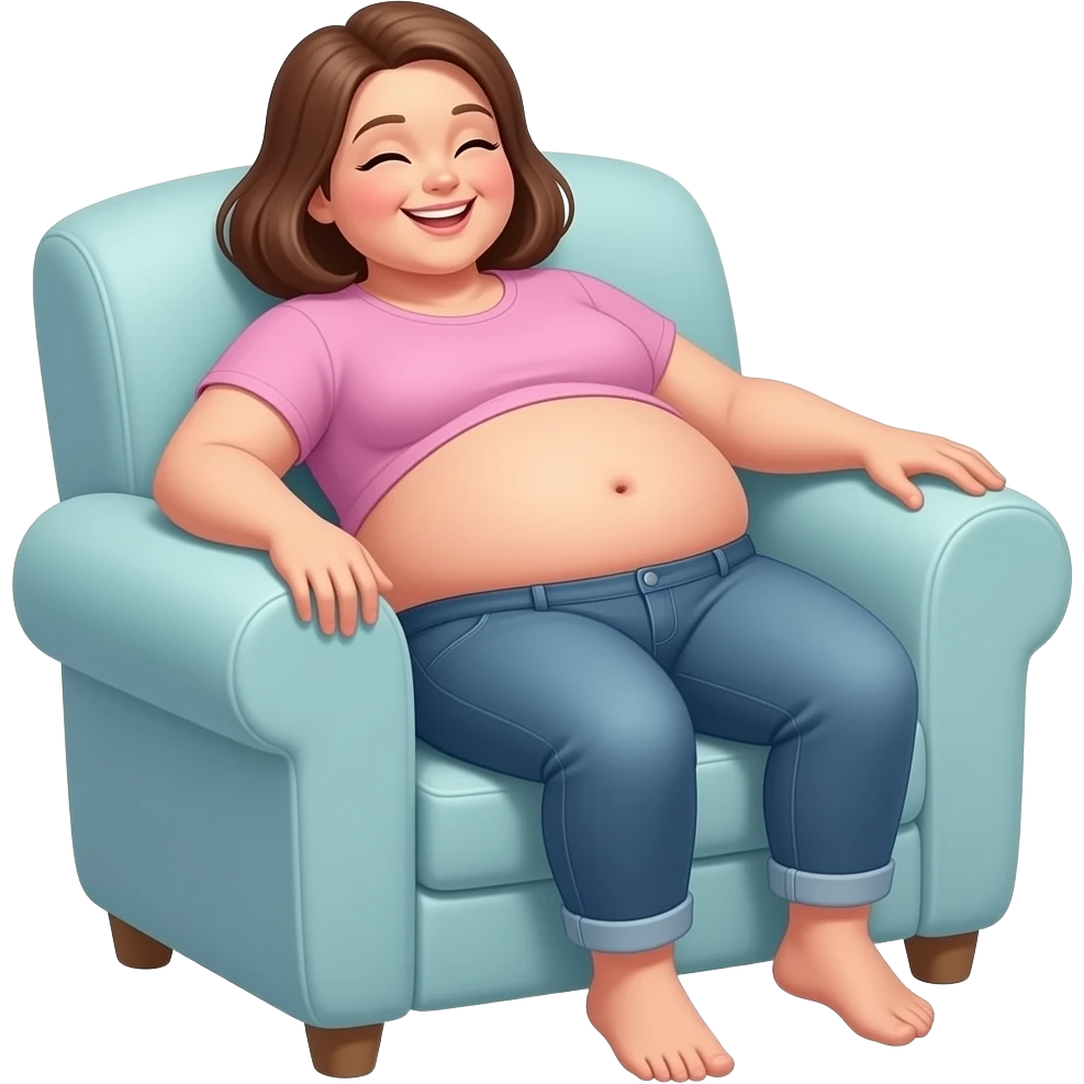 A female giant rests on a recliner sofa,with friendly gentle manner she hangs out her overfed rotund exposed belly,so the volunteer admirers can use the girl’s bouncy belly to do some jumping on like a jelly trampoline,The female giant giggles because her bellybutton is ticklish. emoji