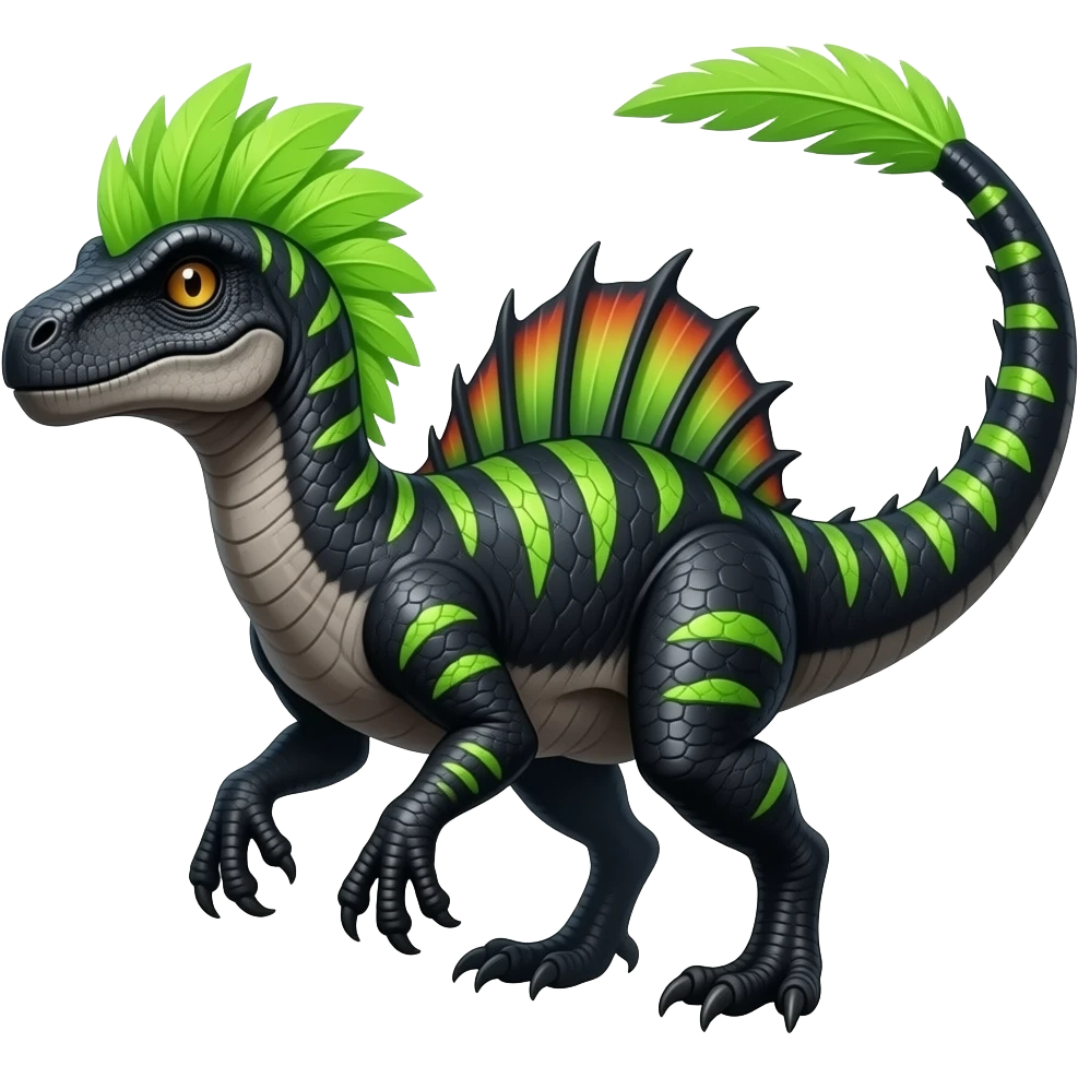 Cool edgy ancient black-scaled with neon-colored stripe markings digitigrade bipedal vintage futuristic raptorik fantasy-Cyberpunk-Steampunk-Solarpunk-Genesect-Salamence-Tyranitar-Vernid-Fionbri-Fakémon-animal-hybrid, with neon-green feather-mane, and a tail blade, back spikes, full body emoji