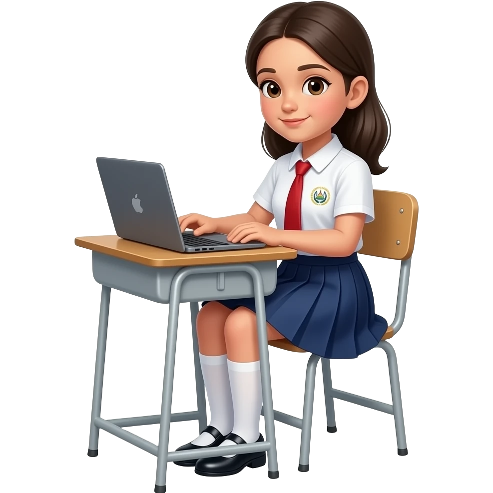 Una niña con el uniforme de escuela salvadoreña con su computadora emoji