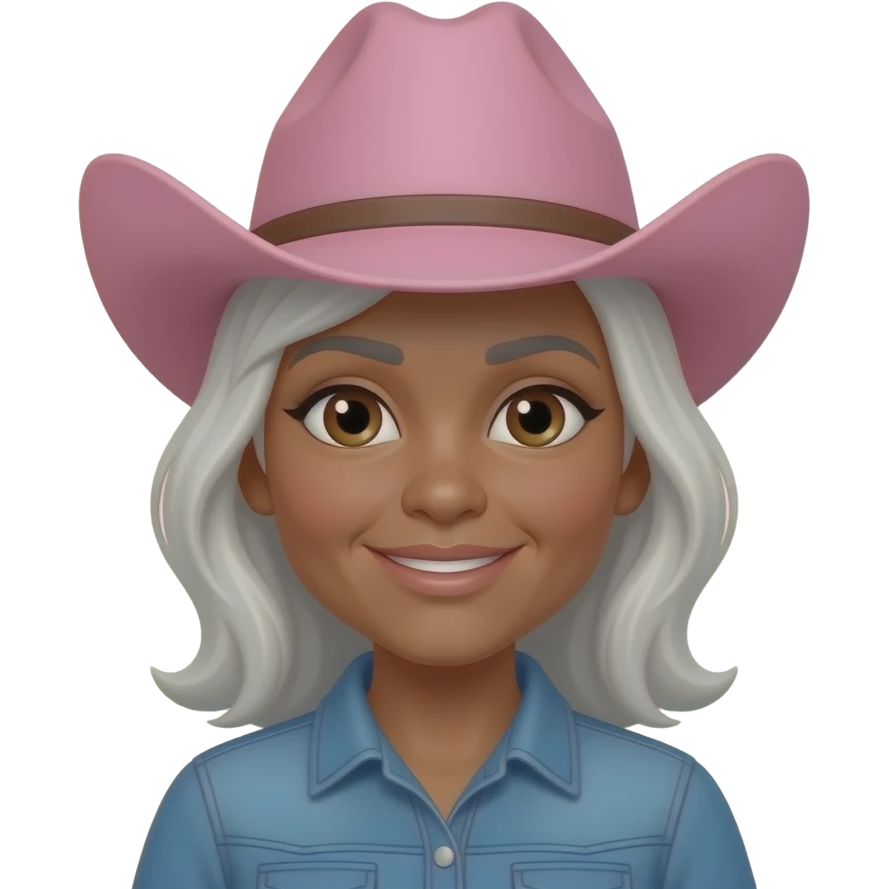 60 year old cow girl, with pink cowboy hat, dark tanned, brown eyes, silver coloured hair and brown eye brows emoji