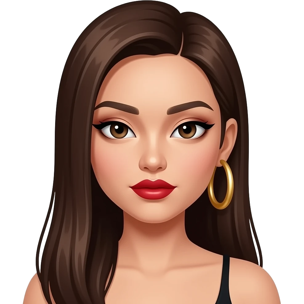 asian baddie with long brown straight hair  side partedwith big thick gold hoop earring and monolid eyes with red lipstick and cateye eyeliner makeup emoji