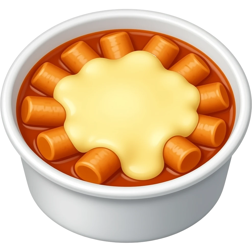 korean tteokbokki with melted mozzarella cheese in white round disposable container emoji