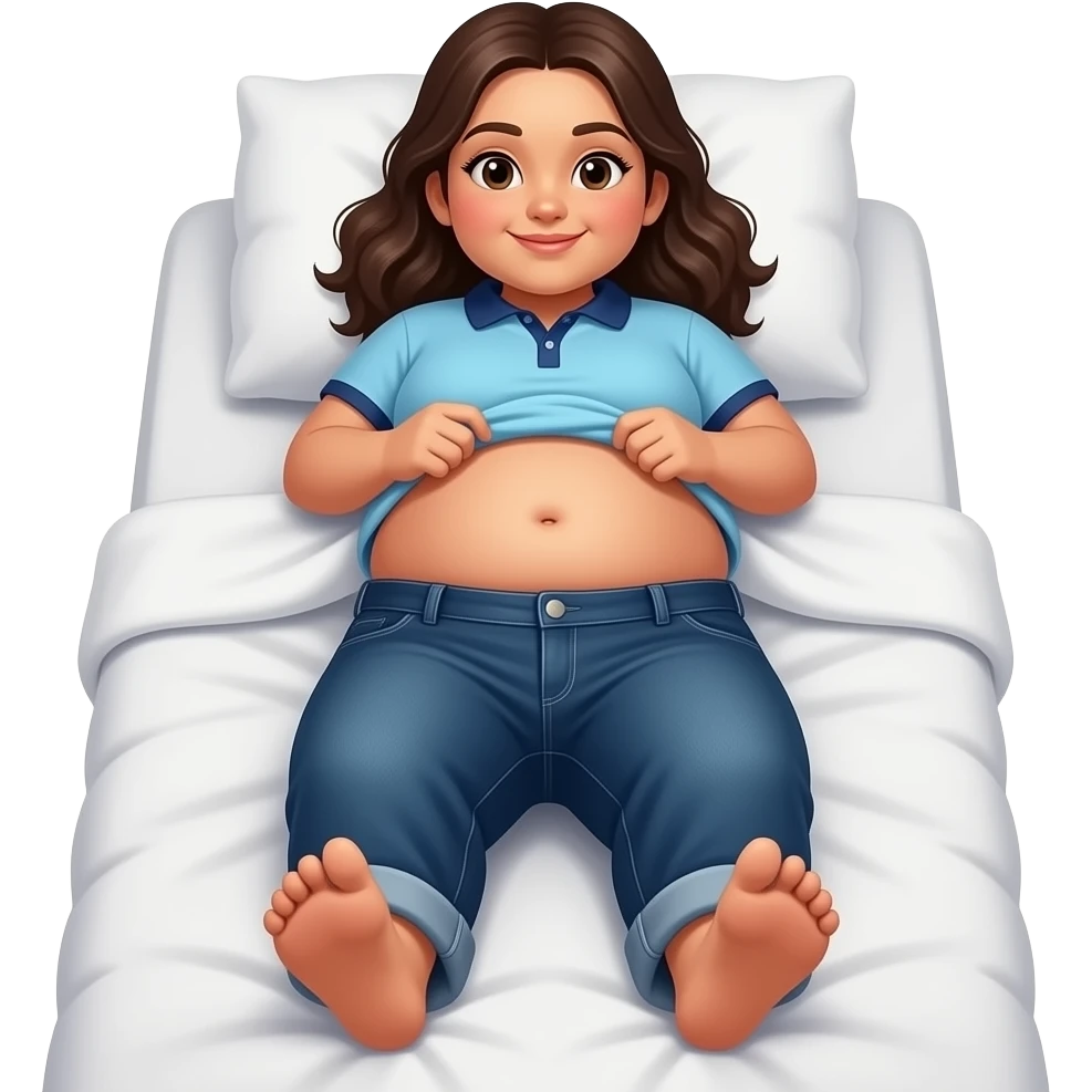 Obese Hispanic girl with brown hair and light blue and dark blue polo with chubby belly button and dark blue baggy jeans laying down on bed showing her feet lifting her shirt up showing her belly button emoji