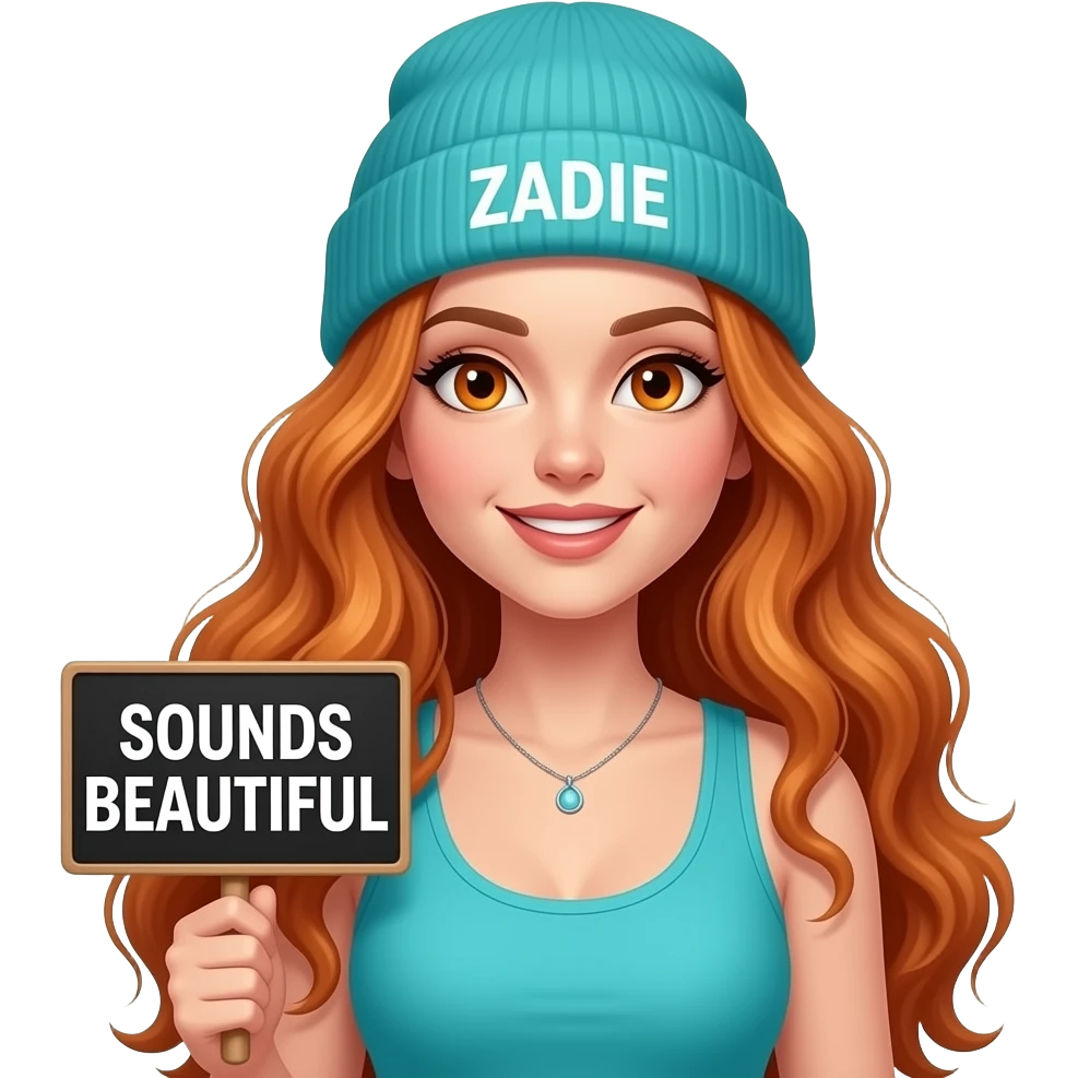 sexy girl with overlong wavy ginger hair and ginger eyes wearing a turquoise tanktop and a turquoise beanie with ZADIE written on it, is holding a black sign with SOUNDS BEAUTIFUL written on it emoji
