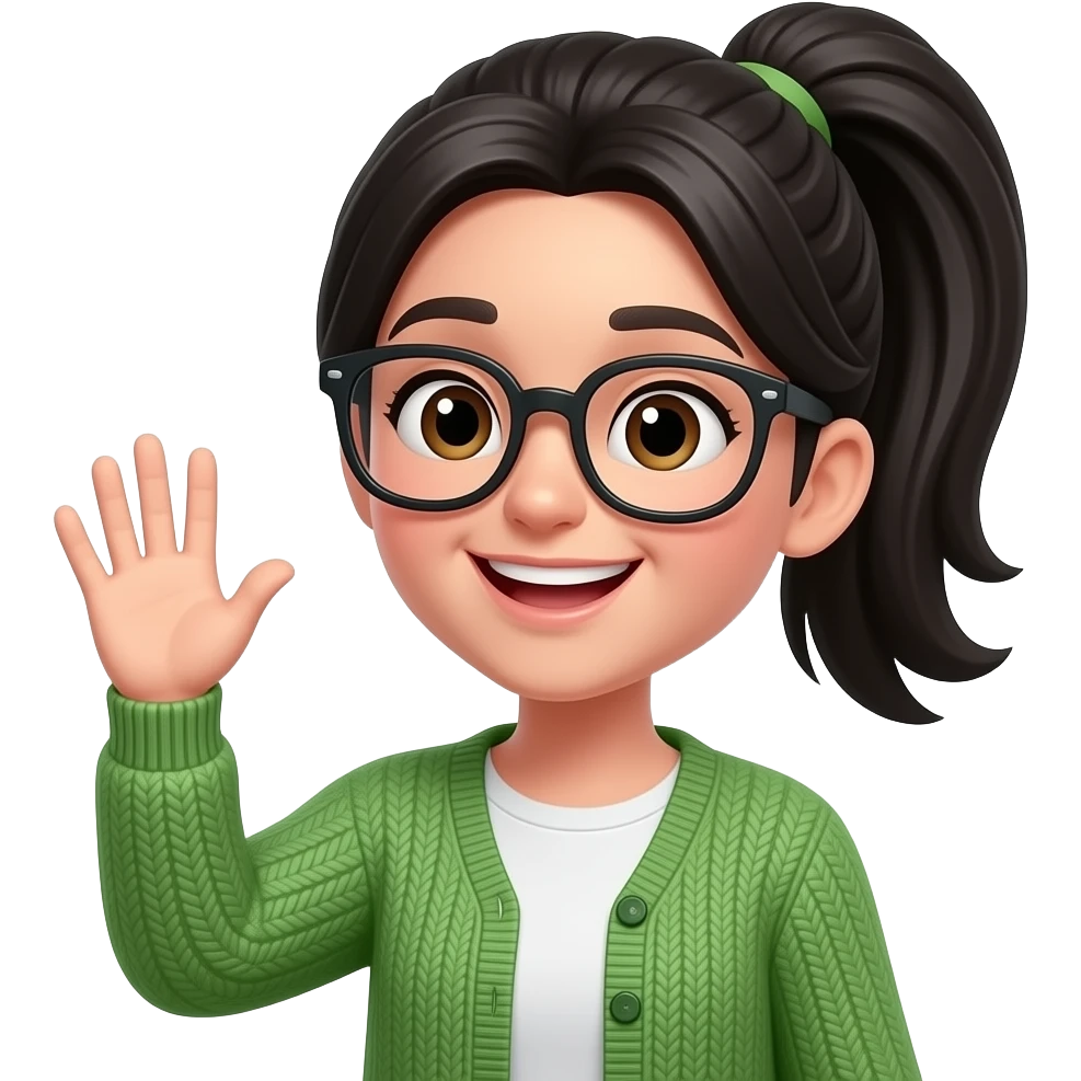cheerful girl with glasses and ponytail black hair with green cardigan waving emoji