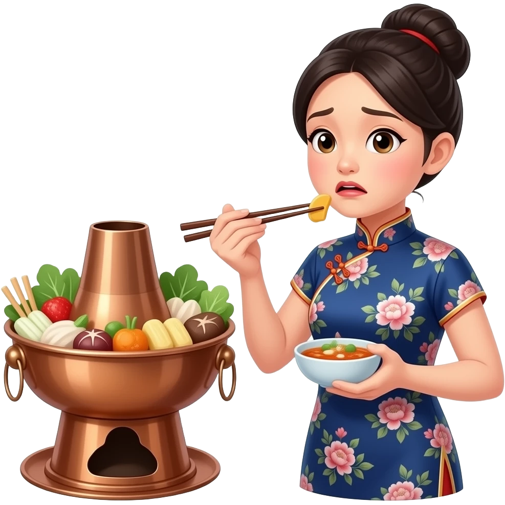 亚洲女性（中式着装、包包头发髻）手握筷子，表情馋嘴，面前的桌上是古典铜火锅，火锅里的食材丰富 emoji