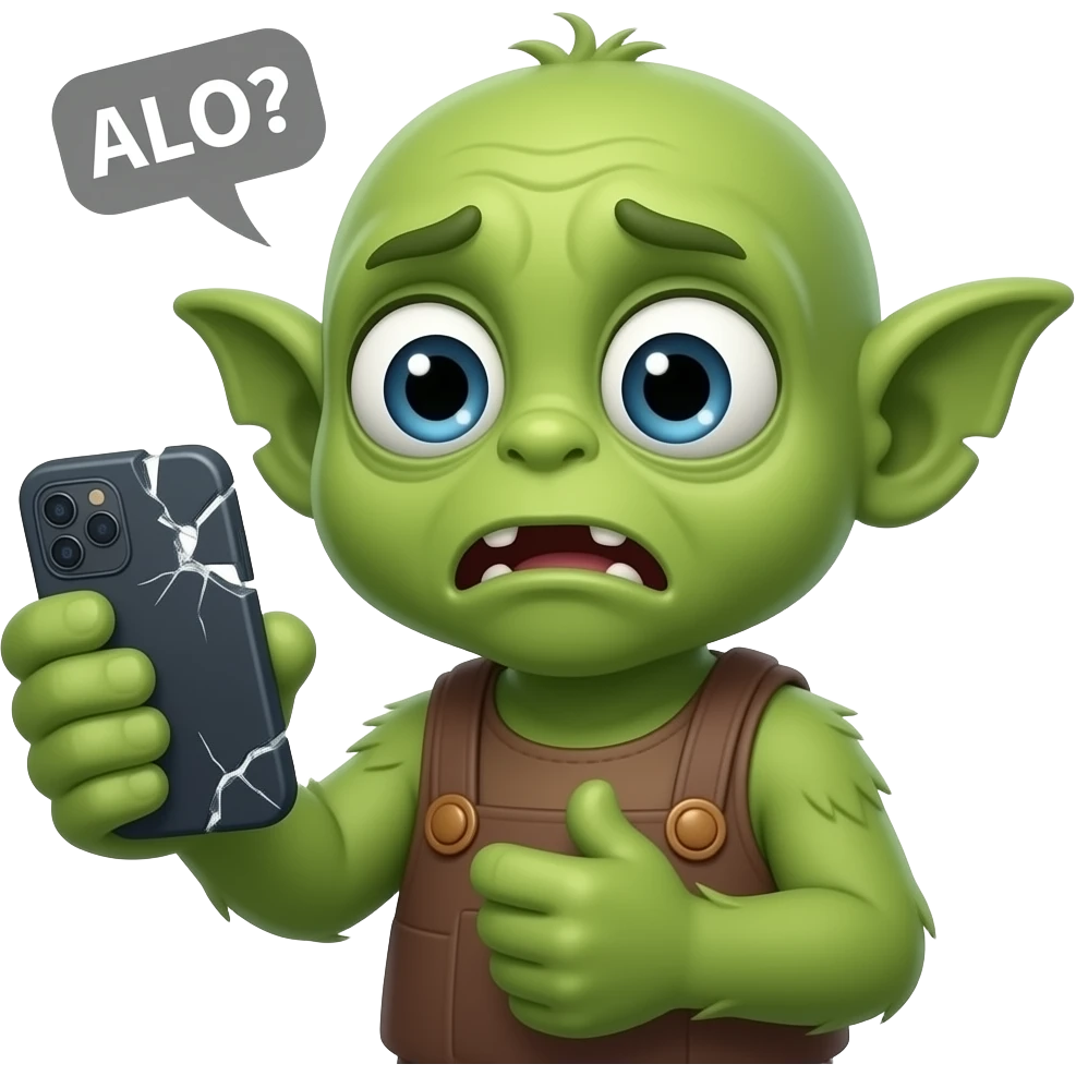 Cute gremlin emote saying “АЛООО?”, holding broken phone, panic face, pink Twitch style, transparent background emoji