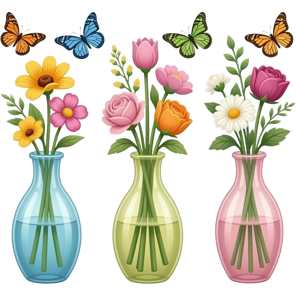 أريد صورة بها ثلاثة فازات و ورود فى كل فازة و معهم فراشات صائرة emoji