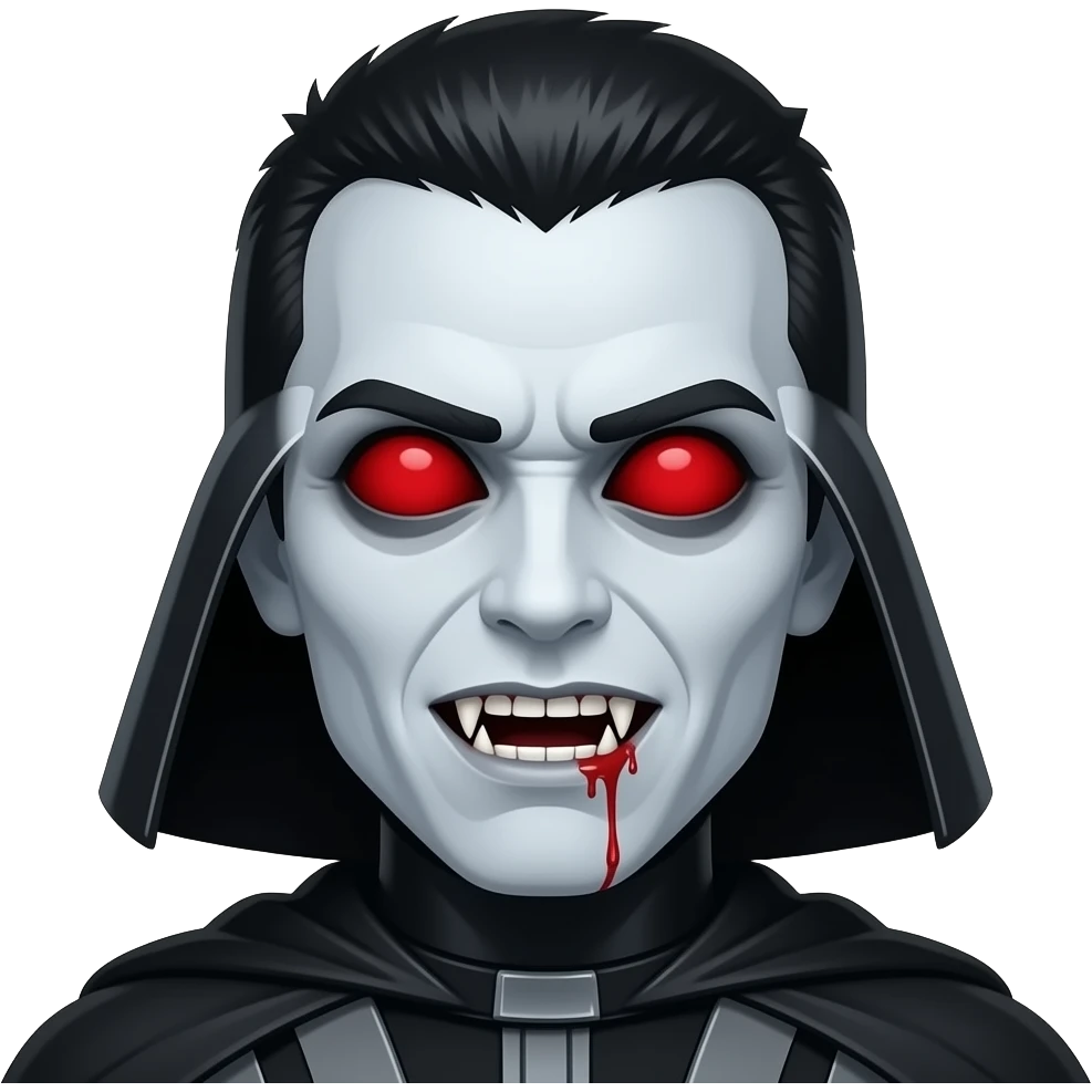 create a picture of a white pale vampire with full red sclera with no pupil and long fangs and bloody mouth and very short black hair with an edgy haircut and darth vader outfit without the mask emoji