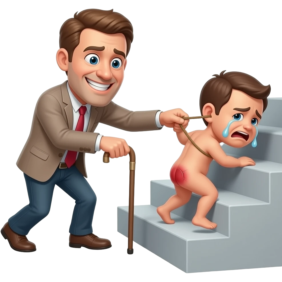 A cruelly smiling clothed man with a thin cane is dragging a small, crying, naked man up a flight of stairs by the ear, his red buttocks are very bruised. emoji