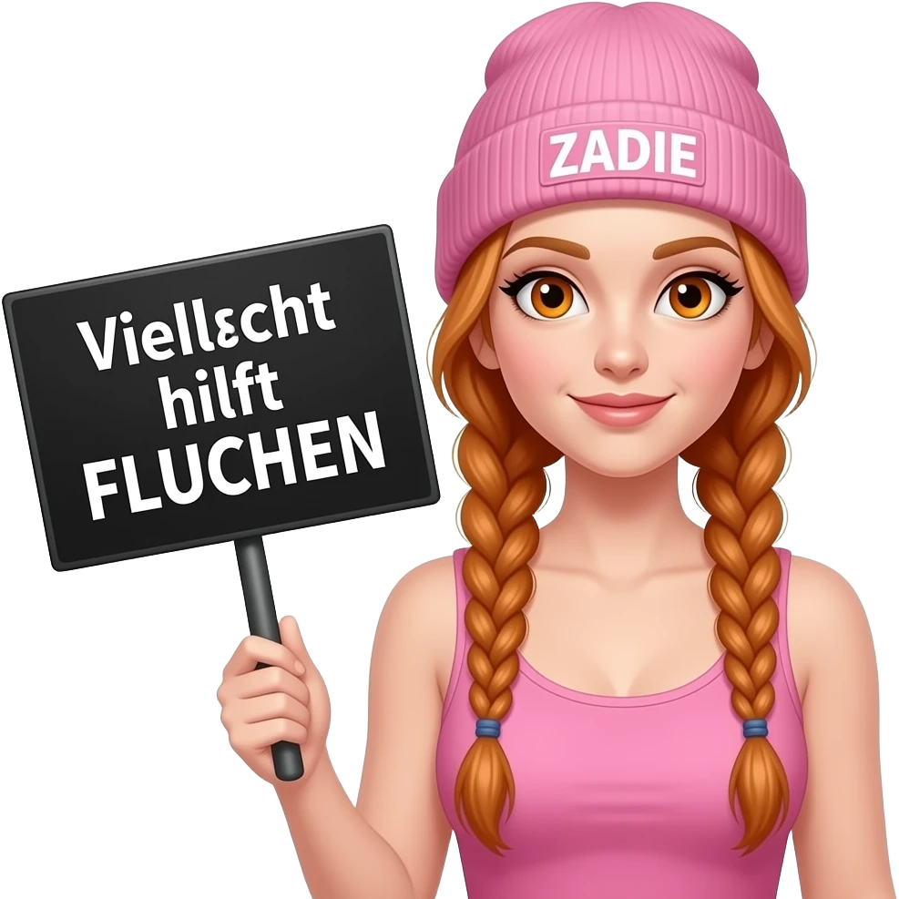 sexy girl with overlong ginger braids and ginger eyes wearing a pink tanktop and a pink beanie with ZADIE written on it, is holding a black sign with Vielleicht hilft FLUCHEN written on it emoji