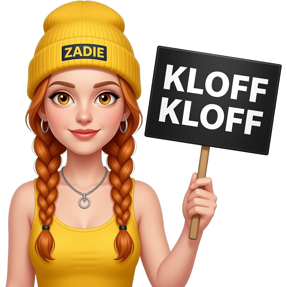 sexy girl with overlong ginger braids and ginger eyes wearing a yellow tanktop and a yellow beanie with ZADIE written on it, is holding a black sign with KLOPF KLOPF written on it emoji