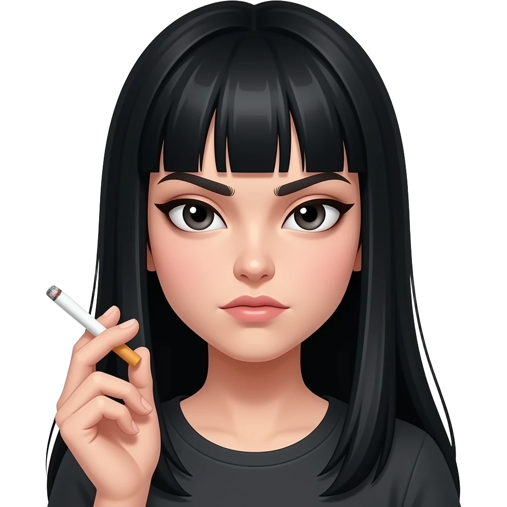 Girl with long black hair and bangs holding a cigarette, with an evil face emoji