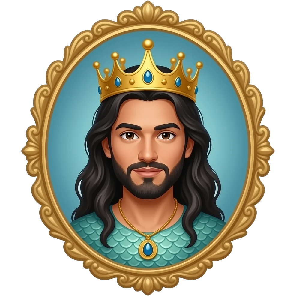 The Triton Man is a dark-skinned, beardless, Hispanic-Asian male mermaid with a golden crown and dark hair. The vignette is a decorative painting. emoji