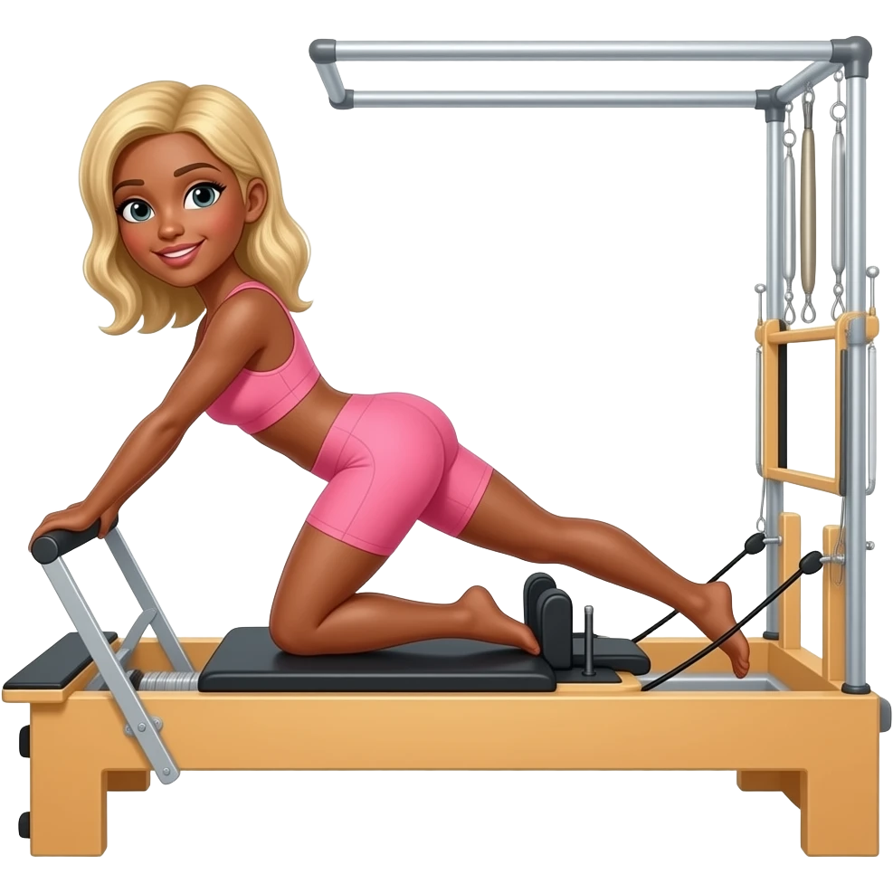 woman with tanned skin, elbow length blond hair, wearing a pink sports bra, doing exercise on a Pilates reformer emoji