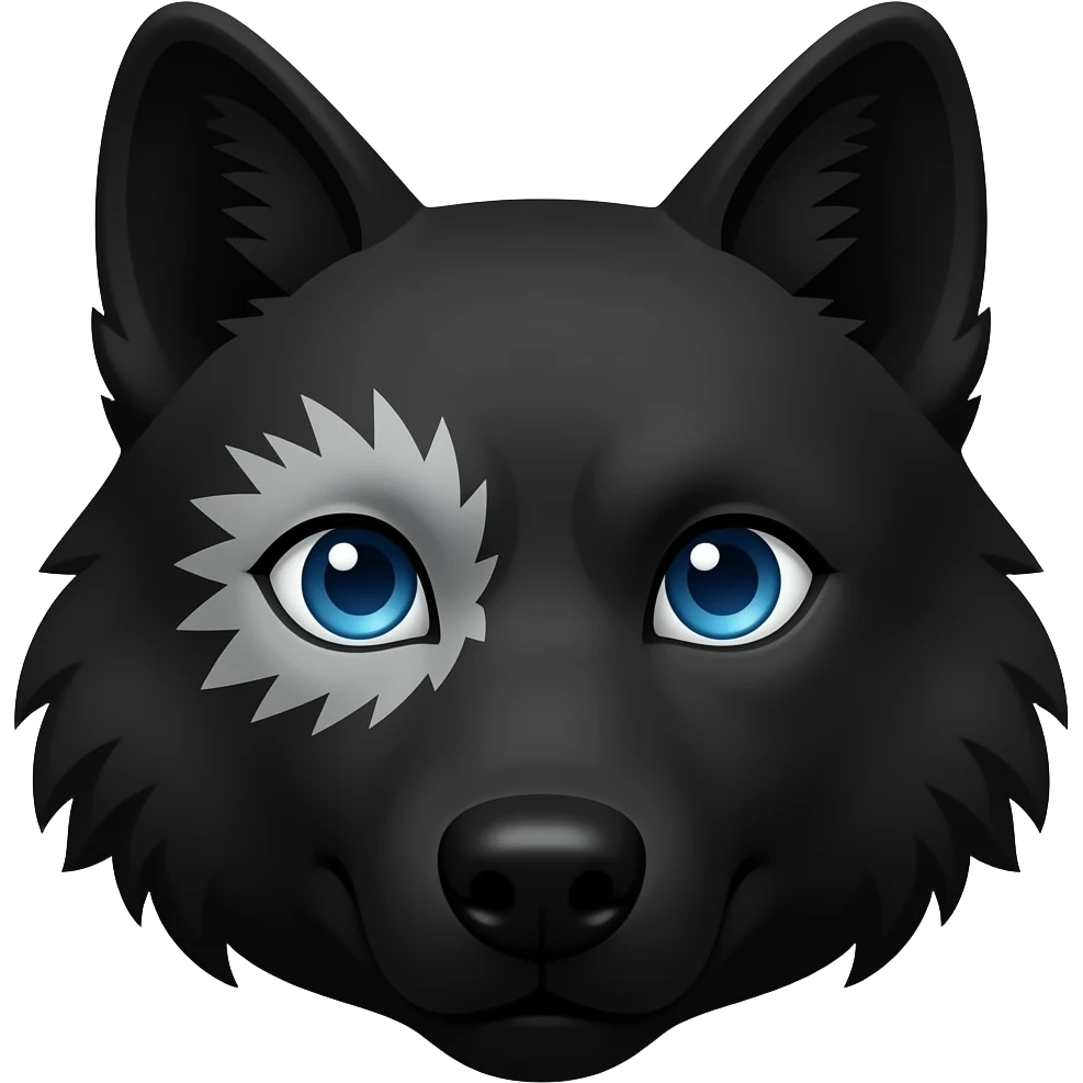 black wolf with blue eyes and greyish white markings over the left eye around the eye emoji