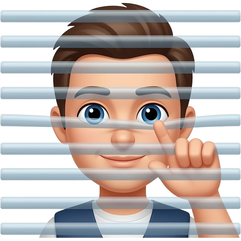 person peering through window blinds with one finger pulling the blind down by their eye emoji