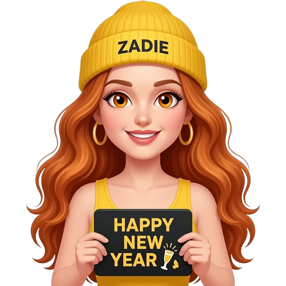 sexy girl with overlong wavy ginger hair and ginger eyes wearing a yellow tanktop and a yellow beanie with ZADIE written on it, is holding a black sign with just HAPPY NEW YEAR 🥂 on it emoji