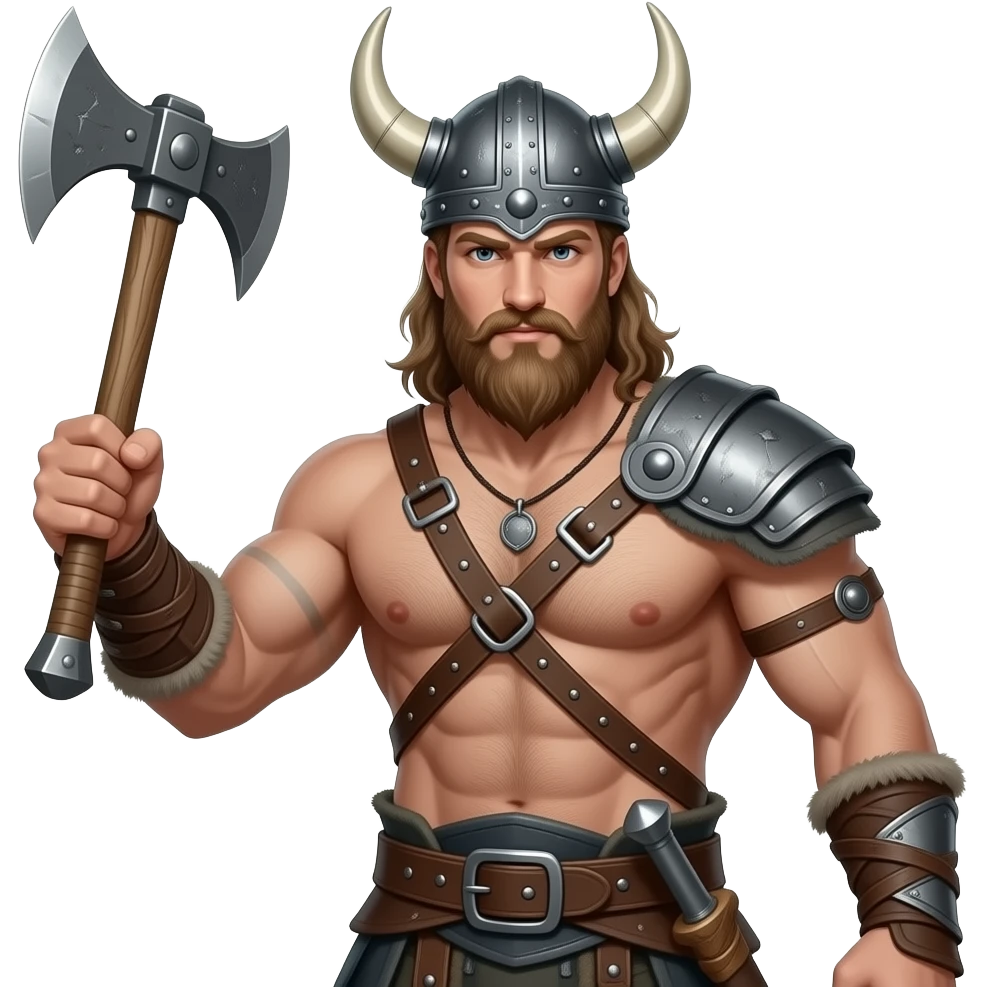 Nahaufnahme von einem Vikinger mit nackten muskulösem körper und einer behaarten und kräftigen männlichen Brust, mit Leder Riemen und Schulterpanzer aber ohne Gürtel. Er schwinkt eine Axt mit seiner rechten Hand und trägt ein Helm mit Hörnern und Bart emoji