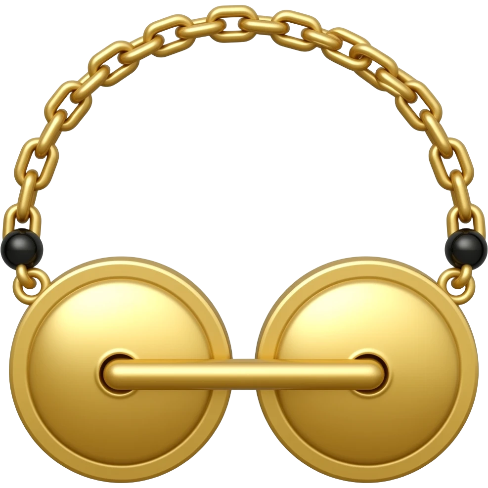 Yellow threaded chain with a tiny black bead on either side of a pendant made of two circular golden discs and a golden rod connecting them where the chain connects them emoji
