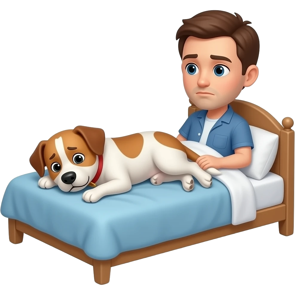 Un perro ocupando toda la cama mientras su dueña queda en una pequeña esquina mirándolo con resignación y cansancio, sin querer moverlo. Escena tierna, divertida y hogareña emoji