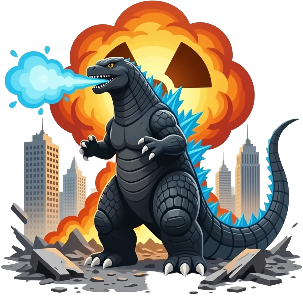 Godzilla minus one on atomic explosxion on destroyed city and doing atomic breath blue emoji