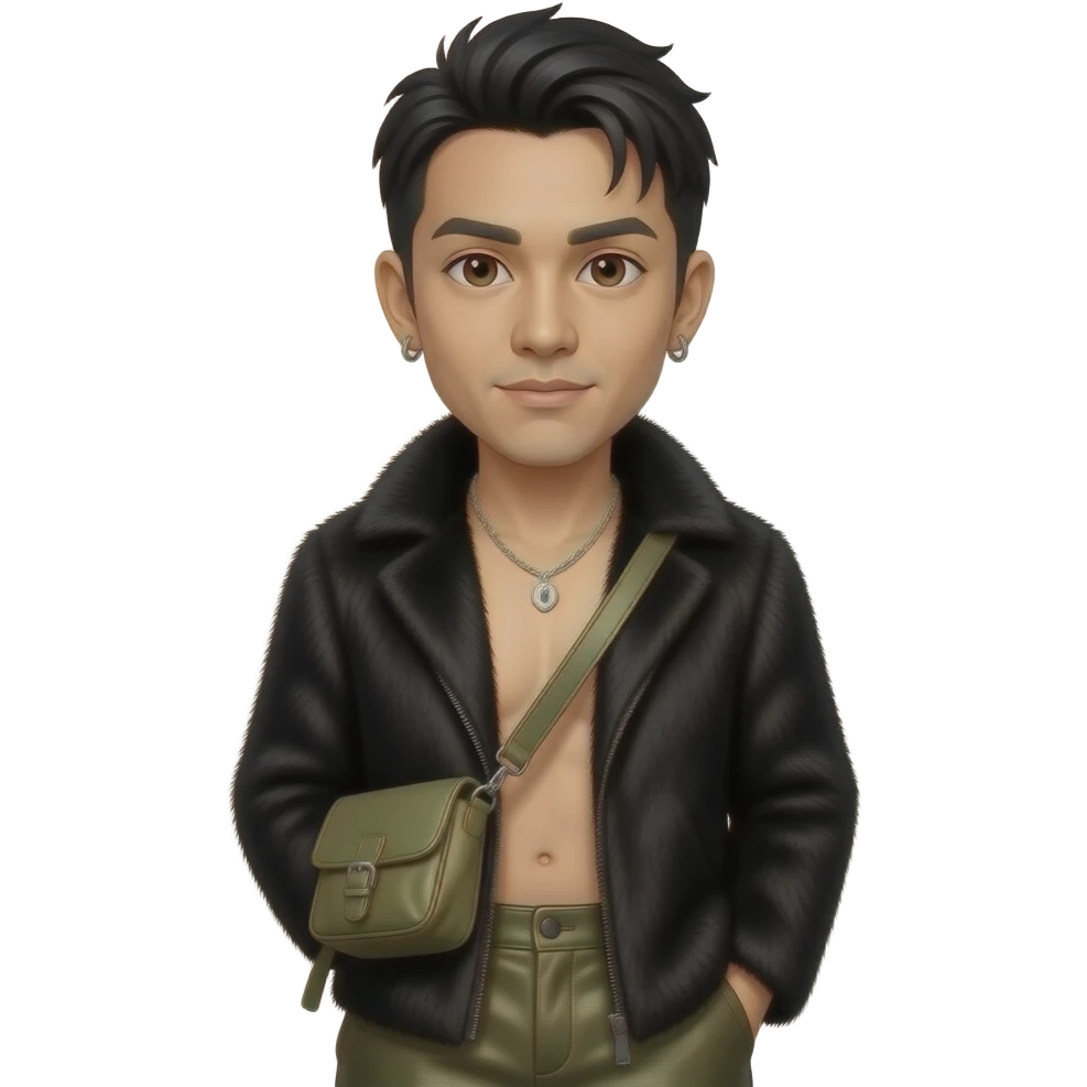 Mike Shinoda with brown eyes, black hair, black fur coat, olive metallic baggy pants, shirtless with necklace and earrings emoji
