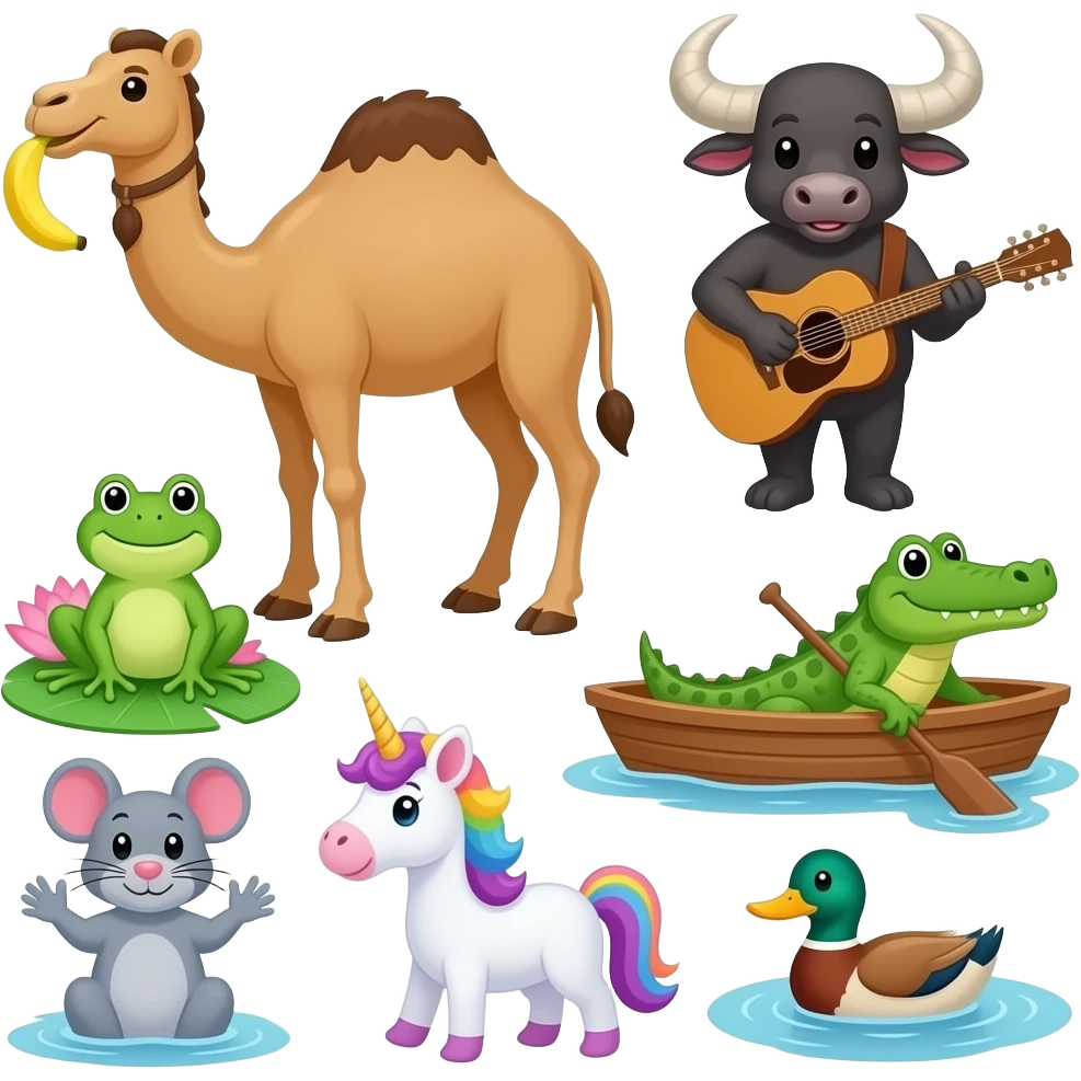 🐫 Camel eat banana 🐃 Buffalo playing guitar 🐸 frog sitting Lily pad 🐊 ...