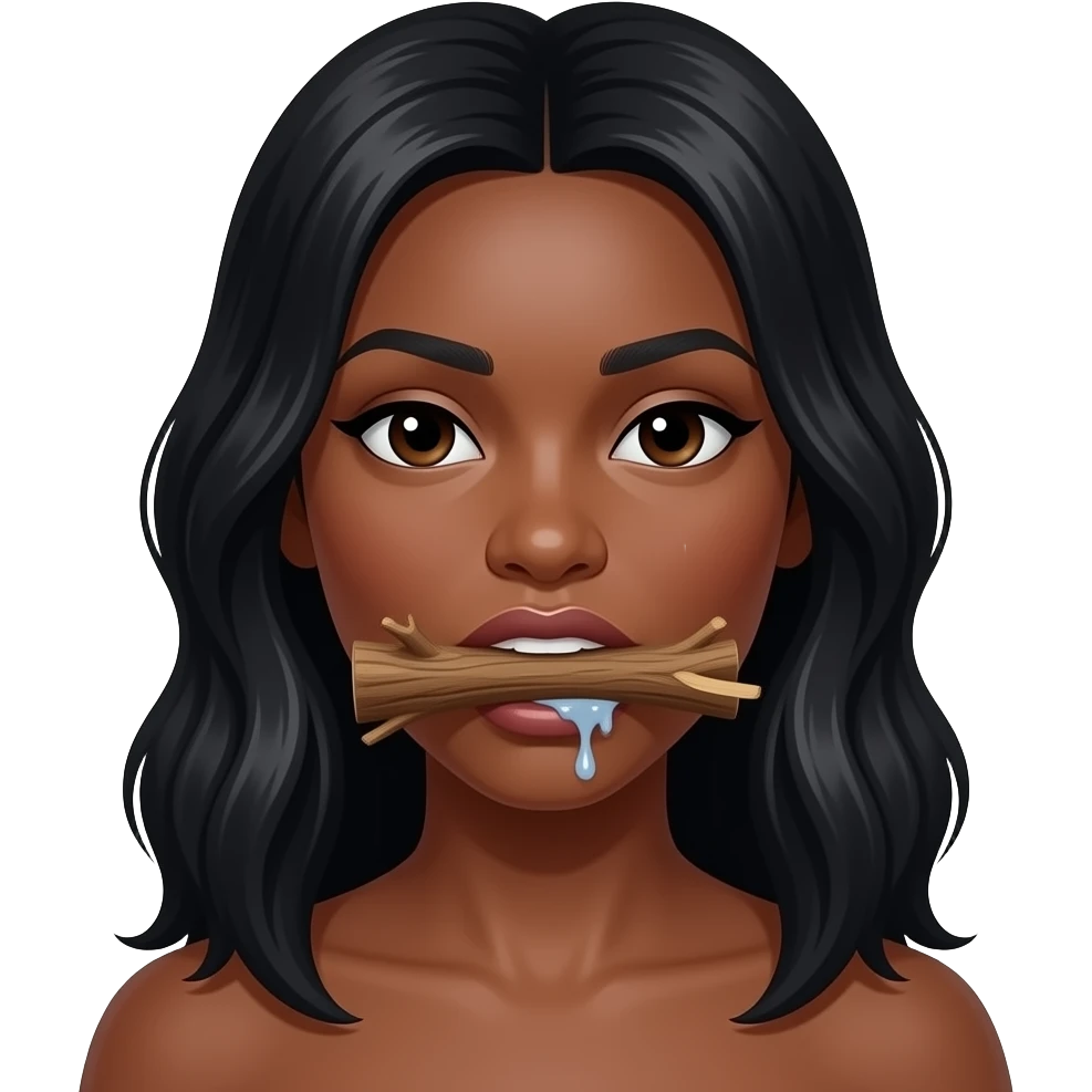 Pretty Black long hair  black Female sucking wood log in mouth. And mouth watering, and spit around mouth. emoji