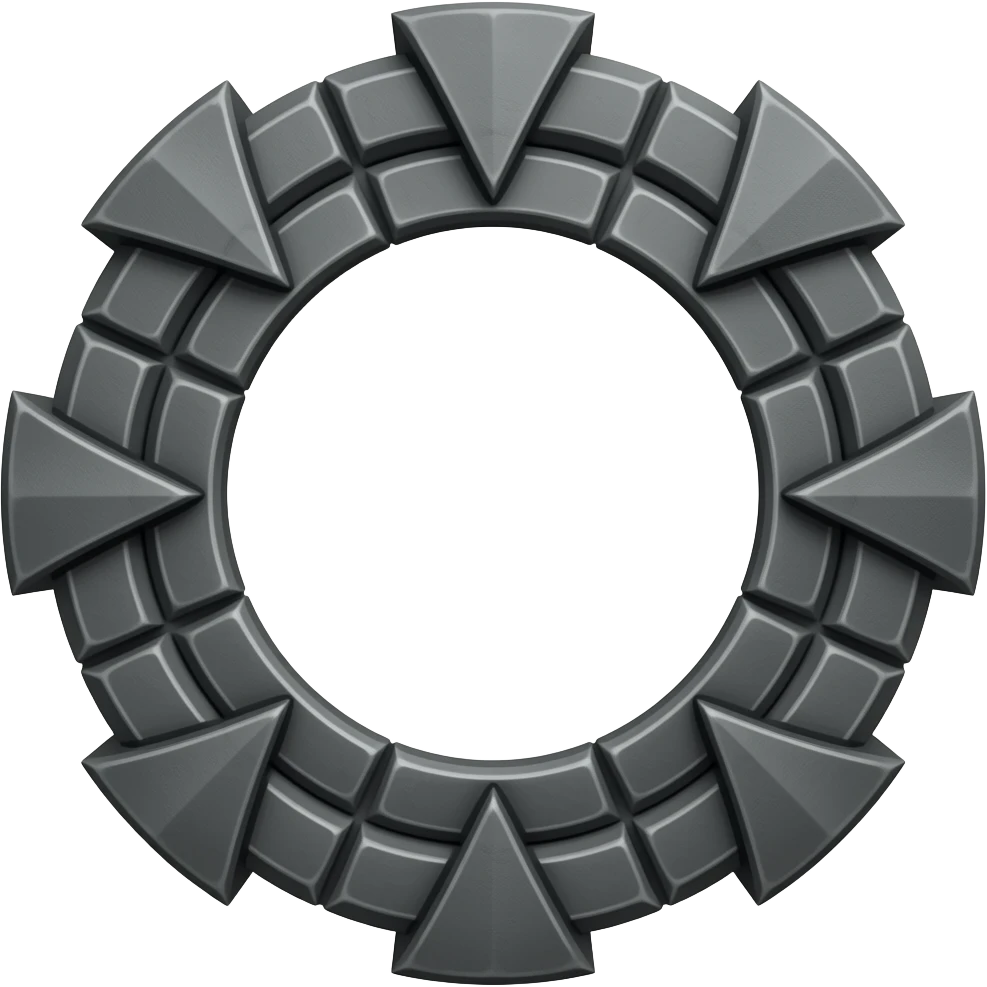 An ancient stargate made of dark gray metal with "Nine chevrons"(9) equally spaced around the rim, 10-1=9 emoji