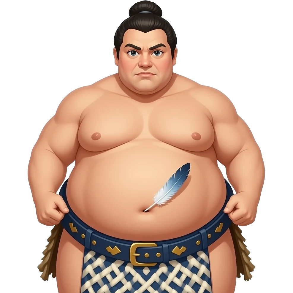 A female sumo warrior,she is stuffed silly after all you can eat buffet,her giant belly hangs over her pants & busted belt,her bellybutton gets tickled by a magical feather. emoji