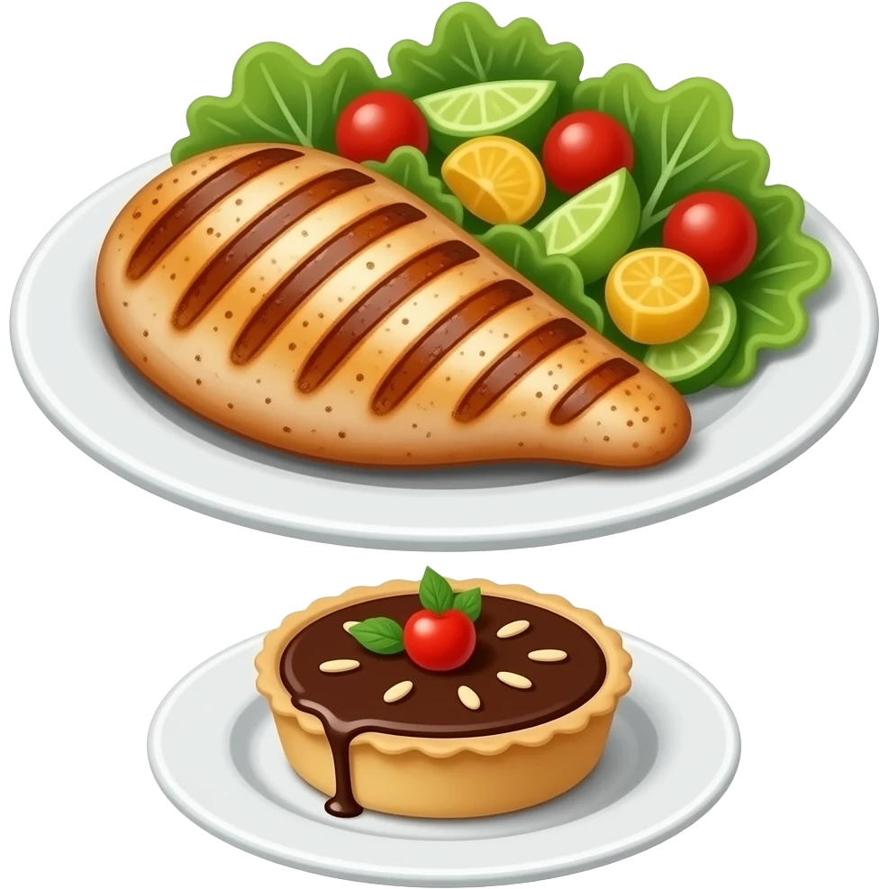 en un plato Pollo fileteado la plancha con un poco de ensalada en un lado del plato y en un plato de postre una mini tartita de chocolate emoji