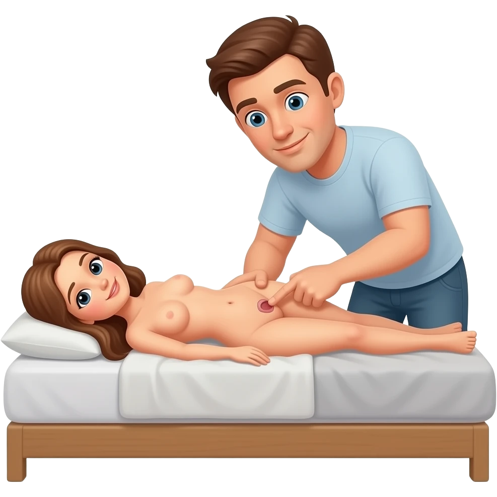 A man inserts his finger into the vagina of a naked woman lying on the bed. emoji