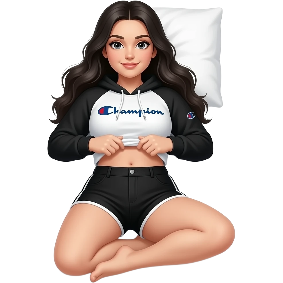 White girl with long black hair, black and white cropped champion hoodie with black arm sleeves, black high shorts, and a bit of a chubby body lifting her shirt to show her belly laying down on on the pillow to bed and showing feet emoji