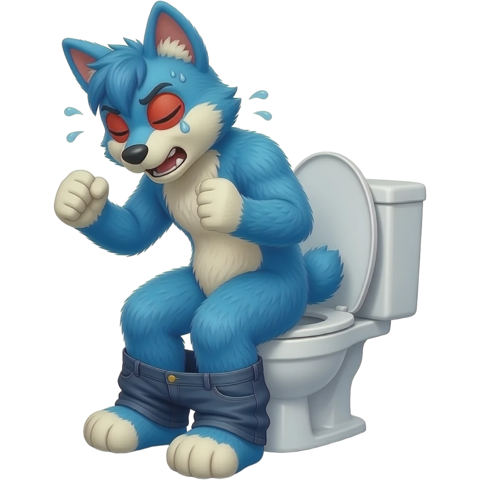 blue fursuit sitting on toilet, side view , pants down, pushing, eyes closed, straining face, red face, sweating, fists emoji