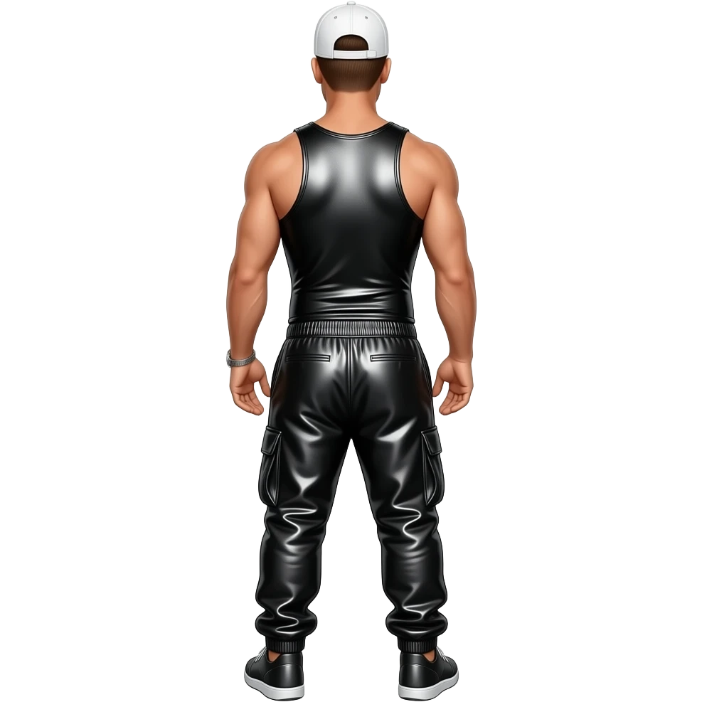 Donnie Wahlberg from behind with white cap, black metallic tank top, black metallic baggy joggers emoji