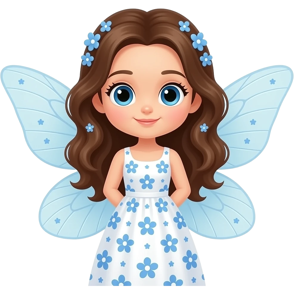 Cute cartoon fairy with large blue eyes and brown hair in a uniquely styled, cute, soft wavy hairstyle, wearing a white dress with a delicate blue floral pattern inspired by blue flowers, her translucent light blue wings spread, adorned with small blue floral details on her head emoji